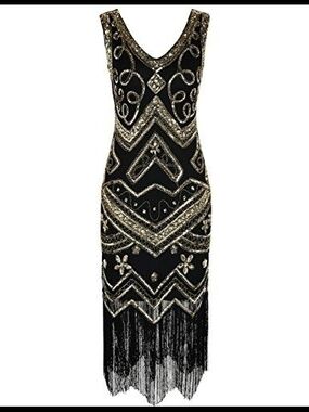 Black and Gold Beaded Fringe Flapper Dress
